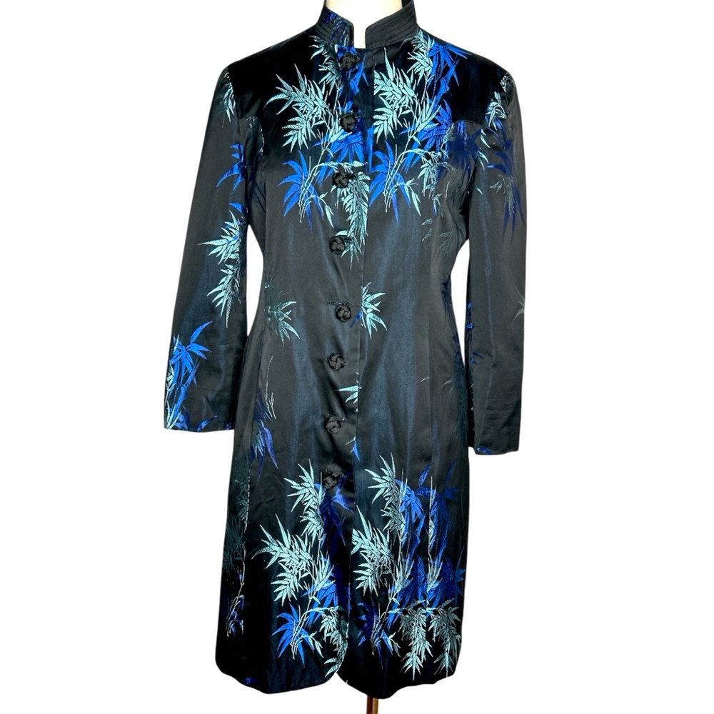 Vintage Moschino Couture Asian bamboo leaf jacguard coat black blue Medium